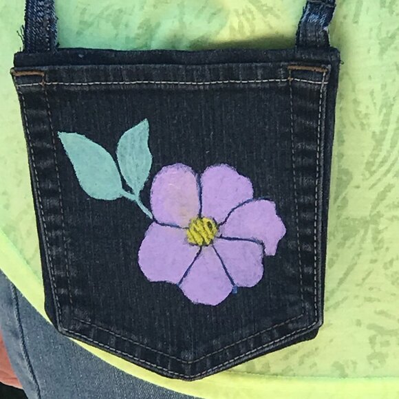 Handmade Crossbody Bag: Over Shoulder Painted Pansy Cell Phone Small Denim Purse - Picture 8 of 9